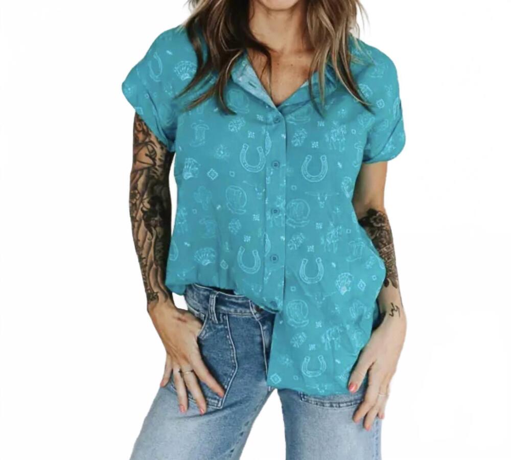 NEW LUCKY & BLESSED western icon button down shirt in turquoise